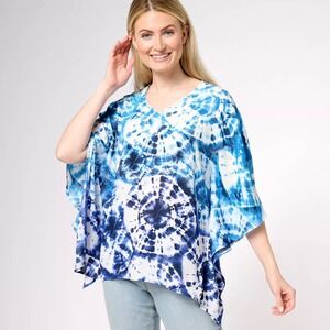 Belle Kim Gravel Tie Dye Woven‎ Aloha Poncho Size XL Blue Kaftan Lightweight